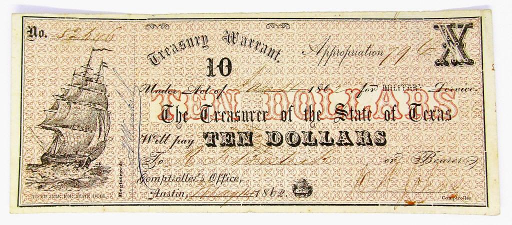 1862 $10 TEXAS TREASURY WARRANT (1 of 2)
