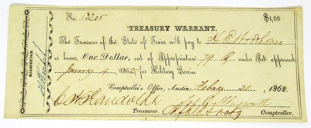 1862 $1 TEXAS TREASURY WARRANT (1 of 2)