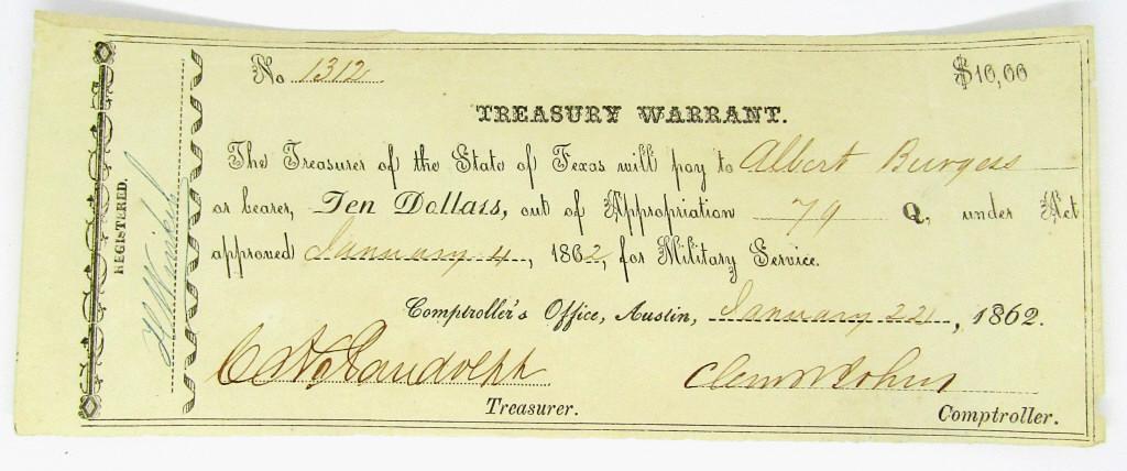 1862 $10 TEXAS TREASURY WARRANT (1 of 2)
