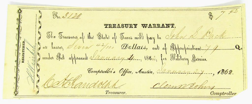 1862 $7.42 TEXAS TREASURY WARRANT (1 of 2)