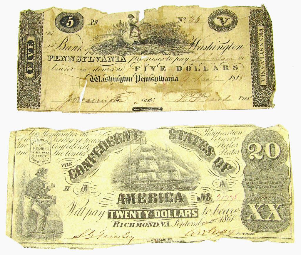 (2) OBSOLETE NOTES - PENNSYLVANIA FIVE &: $20 CONFEDERATE STATES of AMERICA
