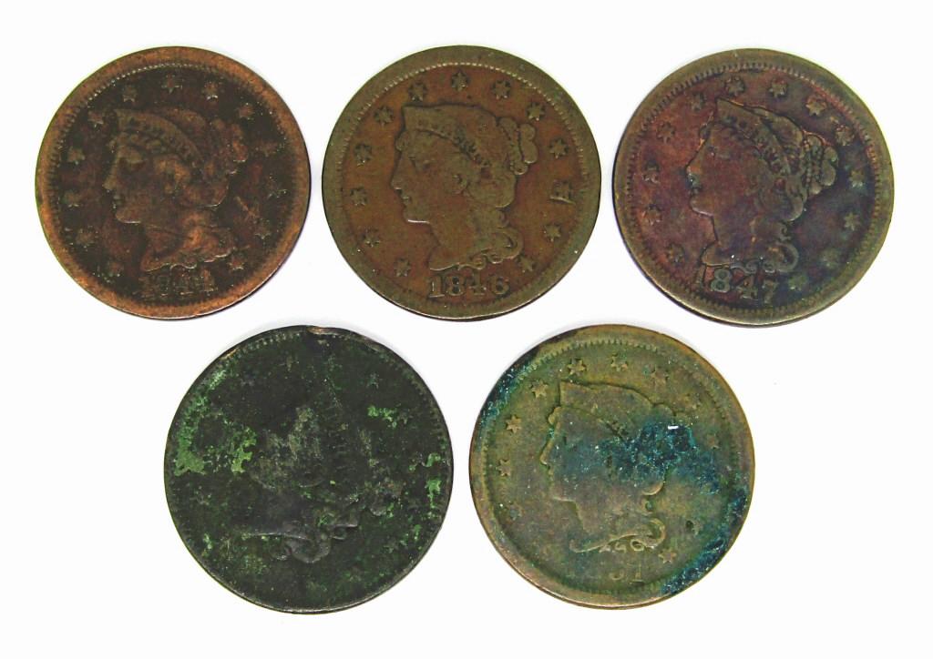 (5) U.S. LARGE CENTS: 1836, 1844, 1846, (1 of 2)