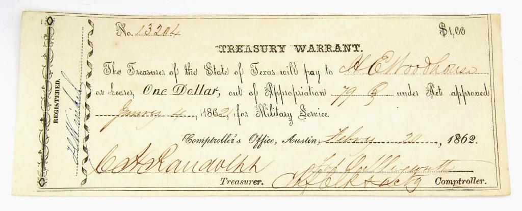 TEXAS TREASURY WARRANT ONE DOLLAR 1862 (1 of 2)