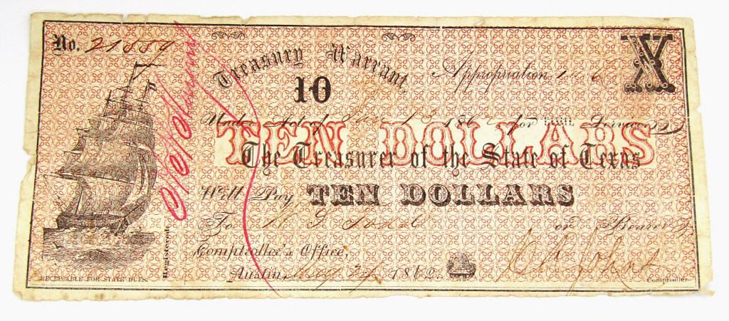 TEXAS TREASURY WARRANT TEN DOLLARS 1862 (1 of 2)