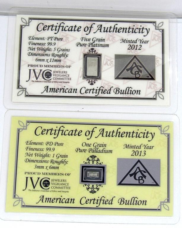6 GRAINS PURE PLATINUM AMERICAN CERT BULLION: JEWELERS VIGILANCE COMMITTEE SEALED