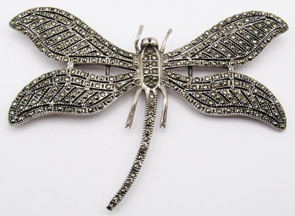 LARGE! STERLING MARCASITE DRAGONFLY BROOCH: MEASURES 2.25 INCHES LONG BY 3.5 INCHES WIDE-TOTAL 16 DWT