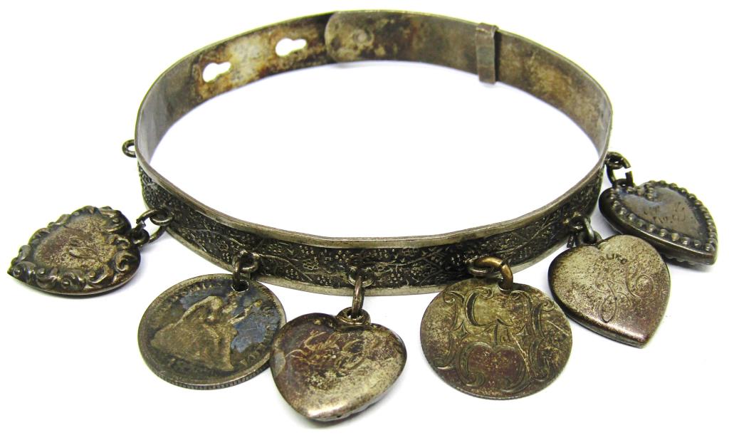 VINTAGE STERLING HEART CHARM FRIENDSHIP: BRACELET WITH (6)CHARMS-TOTAL 12 DWT