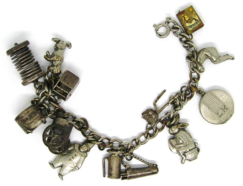 VINTAGE STERLING CHARM BRACELET LOADED: WITH (13)CHARMS-TOTAL 17 DWT
