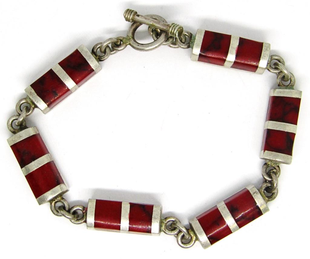 MEXICO STERLING PANEL BRACELET WITH RED (1 of 4)