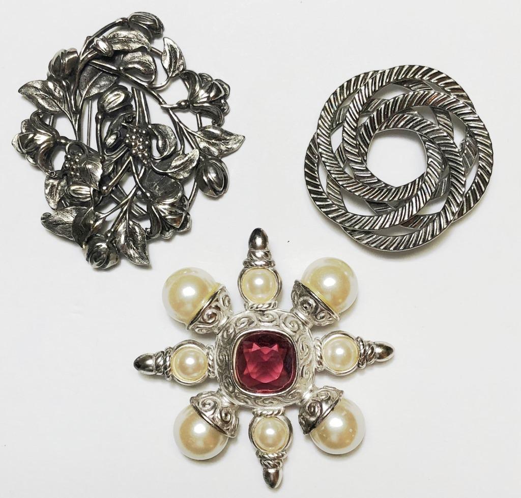 3 SILVER TONE BROOCHES: FAUX PEARL, LEAVES, RED