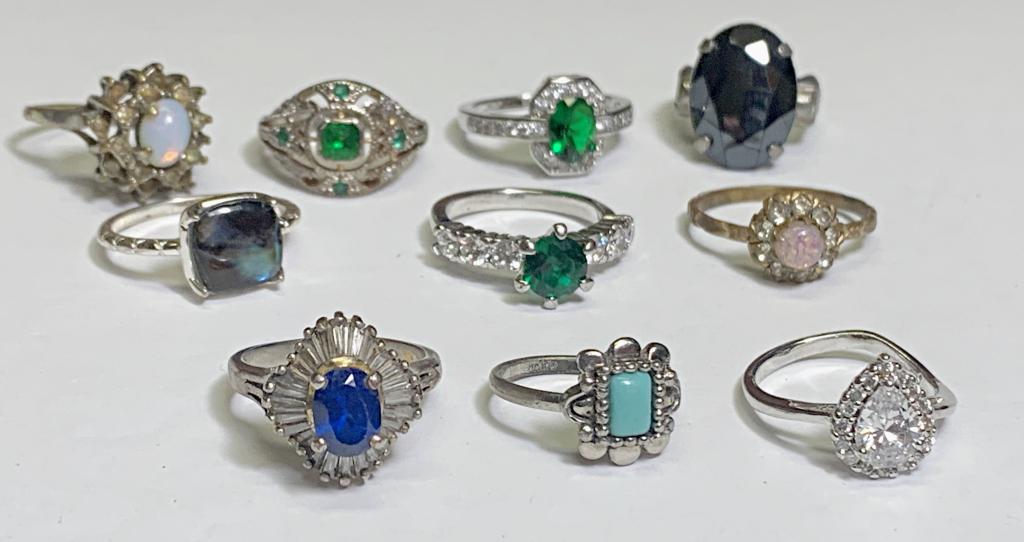 VARIETY OF LADIES RINGS: OPAL, PINK, CLEAR, HEART, BLUE, GREEN, TURQUOISE COLORS