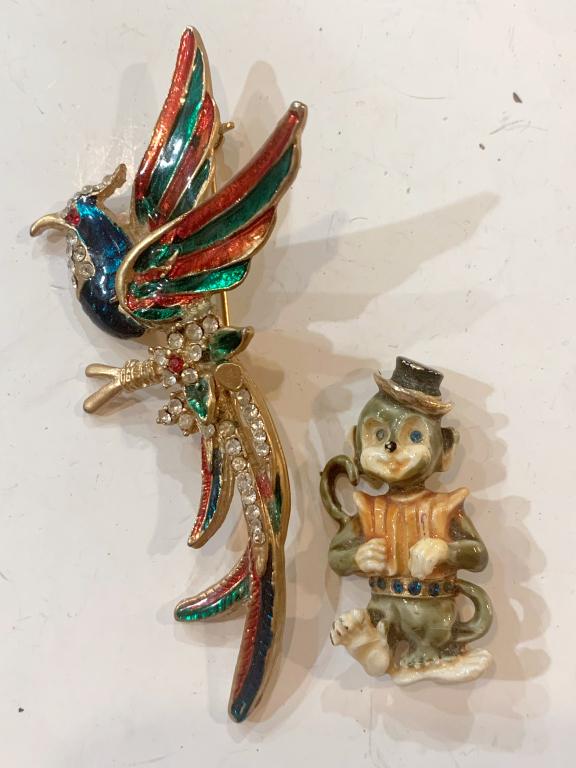 BIRD AND HAR MONKEY BROOCH-RHINESTONES: COLORFUL! 1 MARKED HAR
