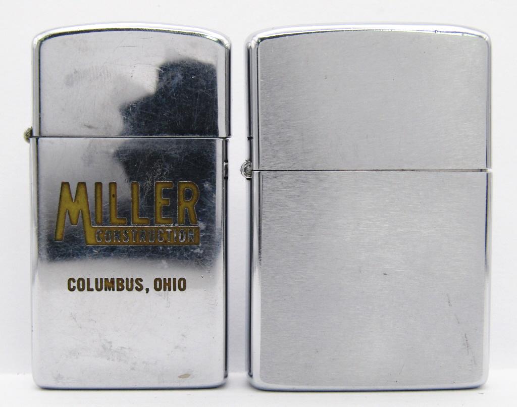 2 VINTAGE ZIPPO LIGHTERS - 1972 & 1973: 1973 ZIPPO ADVERTISEMENT 'MILLER CONSTRUCTION COLUMBUS, OHIO'; BOTH IN USED CONDITION.