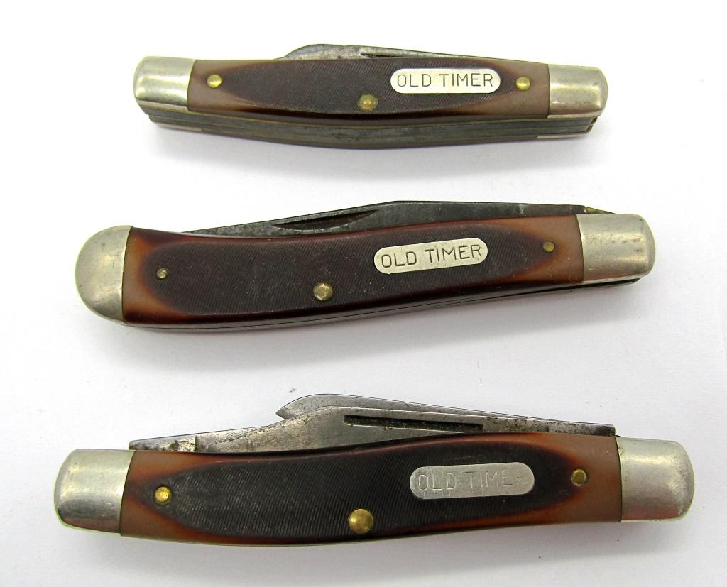(3) SCHRADE OLD TIMER POCKET KNIVES: 80T, 40T & SINGLE BLADE - USED LOT - DECENT CONDITION