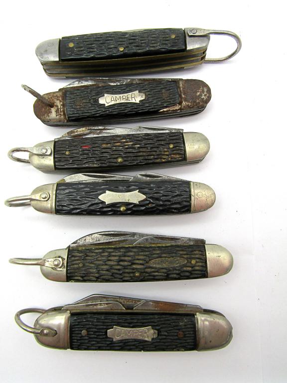 (6) VINTAGE UTILITY KNIVE: IMPERIAL, ULSTER, IDEAL, CAMILLUS - USED MULTI BLADE UTILITY LOT