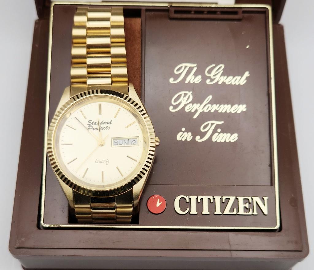 NIB! CITIZEN MEN'S GOLD TONED DAY DATE WRISTWATCH: UNTESTED