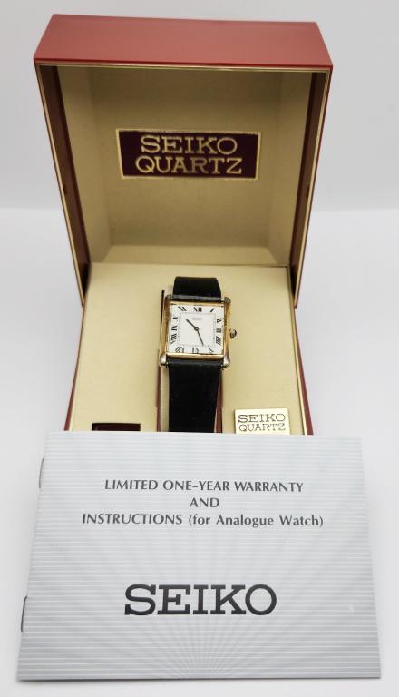 NIB W/ PAPERS! VTG SEIKO MEN'S WRISTWATCH: WITH BLACK LEATHER BAND-UNTESTED