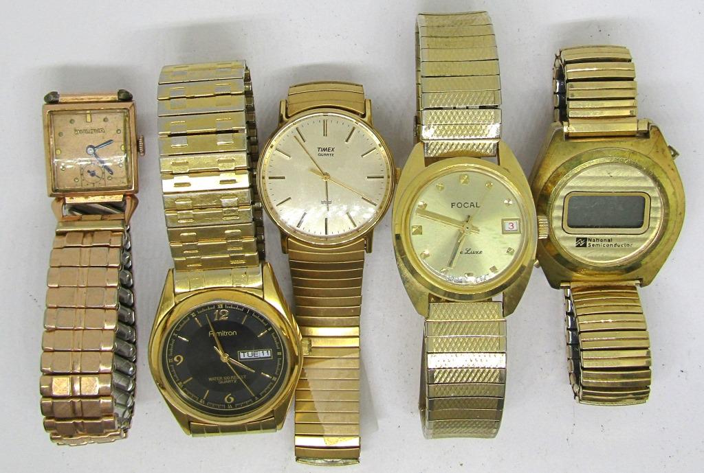 5-VTG MEN'S GOLD TONED WRISTWATCHES: BULOVA-: ARMITRON WR DAY DATE-NATIONAL SEMICONDUCTOR DIGITAL-FOCAL CALENDAR (RUNNING)-TIMEX QUARTZ-ALL WATCHES UNTESTED/PARTS/REPAIR