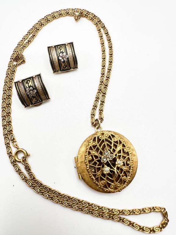 DAMASCENE EARRINGS + MORE: DAMASCENE EARRINGS AND LOCKET NECKLACE