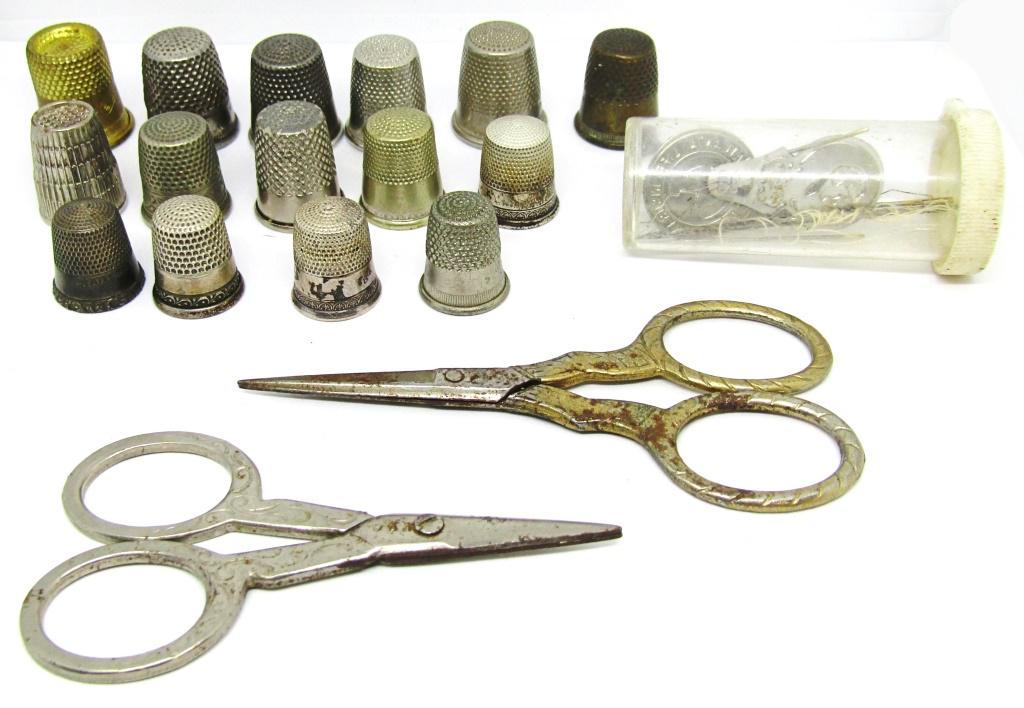 (15) VINTAGE THIMBLES, (2) SCISSORS & NEEDLES: VARIOUS SIZES of THIMBLES