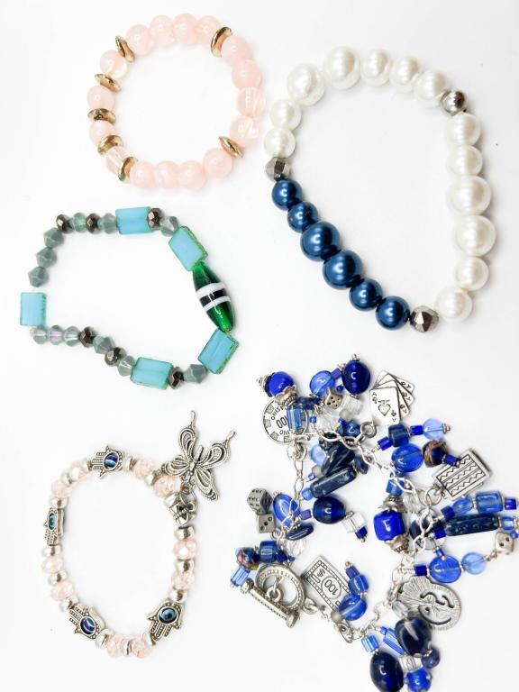 FIVE STONE + BEAD BRACELETS: 5 STONE AND BEAD BRACELETS , ONE CHARMS STYLE , ONE BUTTERFLY AND MORE !