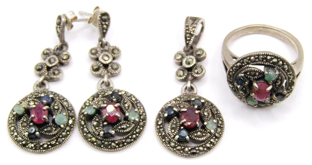 RUBY SAPHIRE EMERALD STERLING 4pc SET (1 of 3)