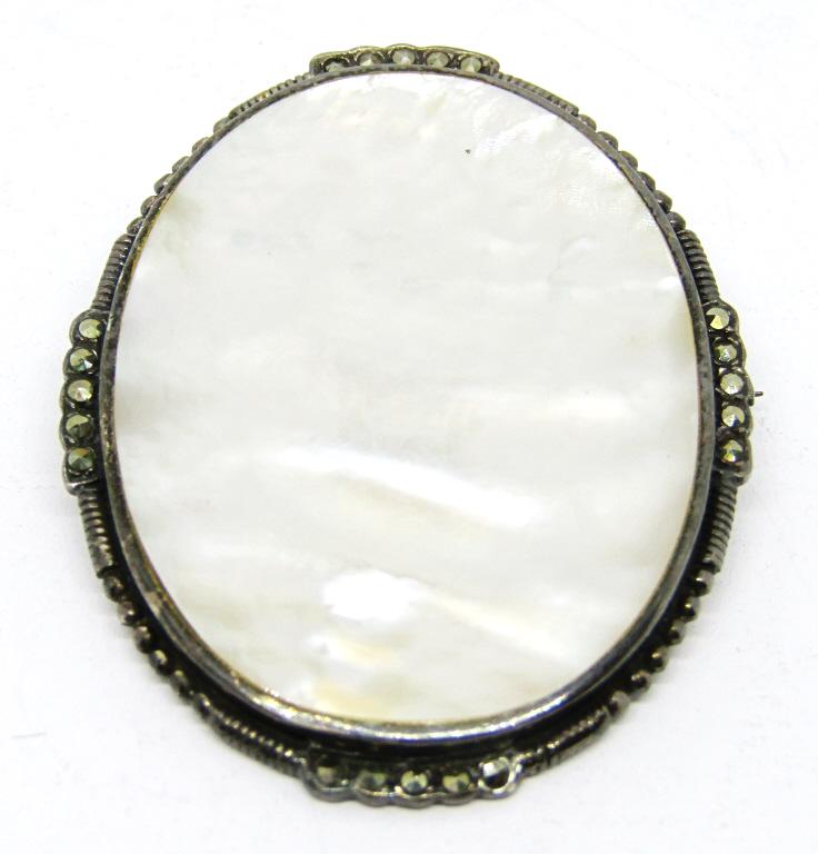 925 "ND" MOTHER of PEARL STERLING PENDANT/PIN: MARCASITE ACCENTS ( 9 dwt)