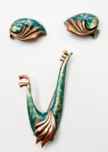MATISSE SET: BROOCH AND EARRINGS SET COPPER MATCHING SET, AQUA ENAMEL