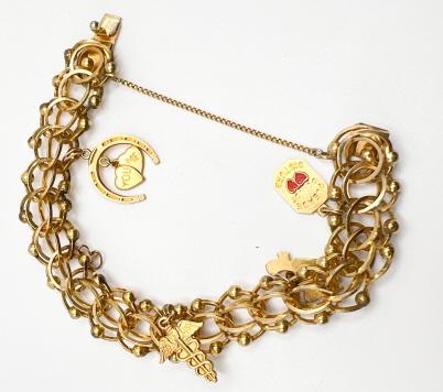 CASTLECLIFF CHARM BRACELET: MEDICAL SIGN, POODLE, HORSESHOE, YOU & ME HEART