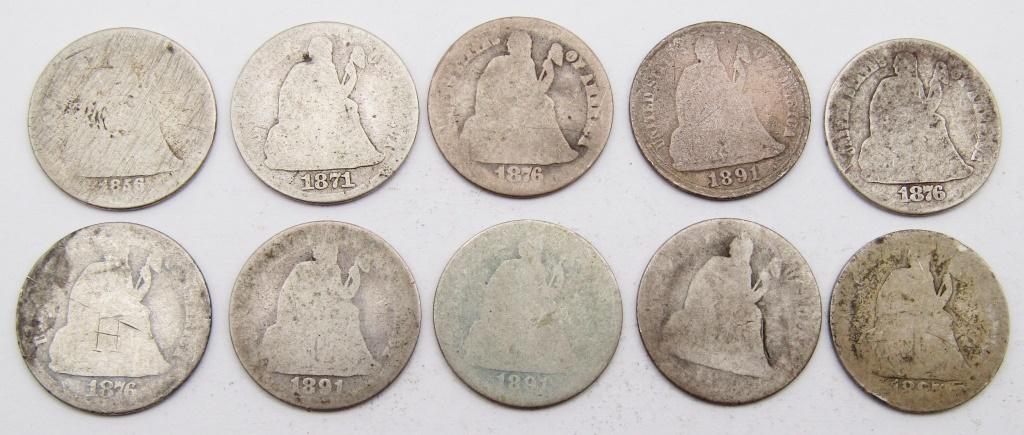 (10) SEATED DIMES ABOUT GOOD - HEAVY CIRC (1 of 2)