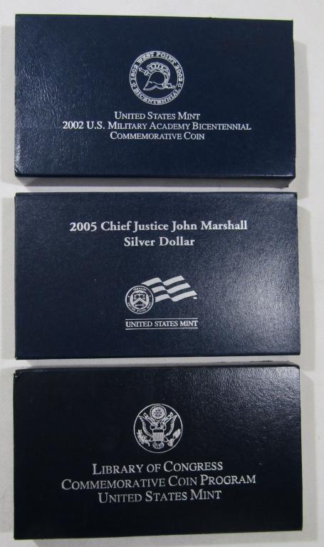 COMMEM SET LOT IN BOX WITH COA: 2000 PROOF LIBRARY OF CONGRESS SILVER DOLLAR, 2005 CHIEF JUSTICE JOHN MARSHALL PROOF SILVER DOLLAR, AND 2002 WEST POINT PROOF SILVER DOLLAR