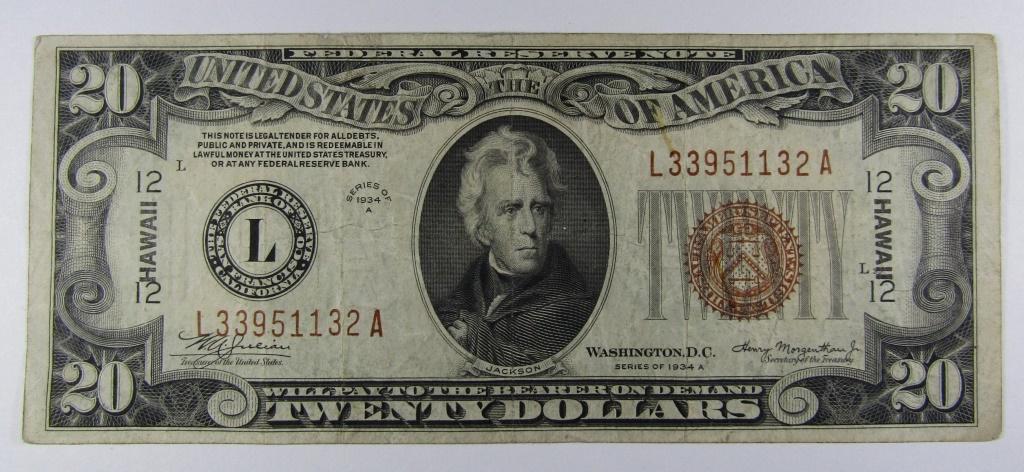 1934 $20 "HAWAII" FEDERAL RESEERVE NOTE (1 of 2)
