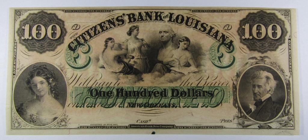 1850's CITIZENS BANK of LOUISIANA $100 NOTE: OBSOLETE NOTE NEW ORLEANS, LA - VERY NICE