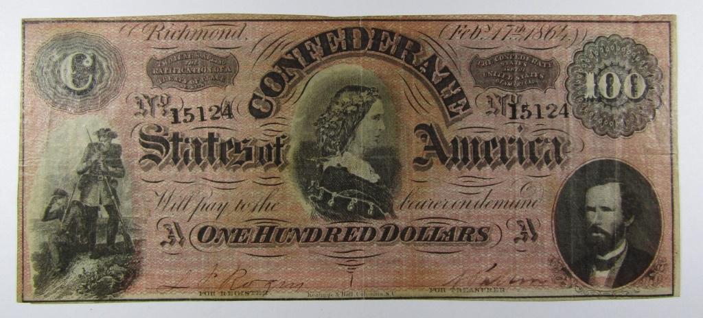 1864 $100 CONFEDERATE STATES of AMERICA: ONE HUNDREDED DOLLARS, RICHMOND, VA