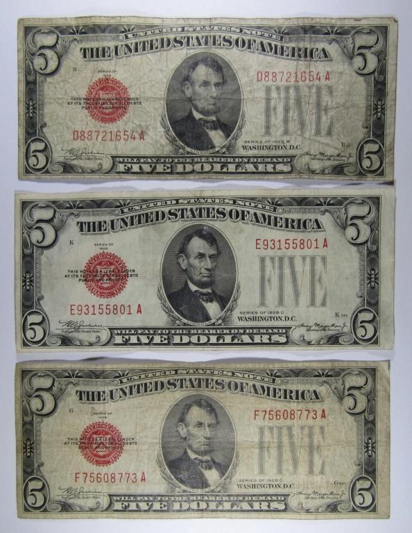 (3) 1928 $5 RED SEAL U.S. NOTES (1 of 2)