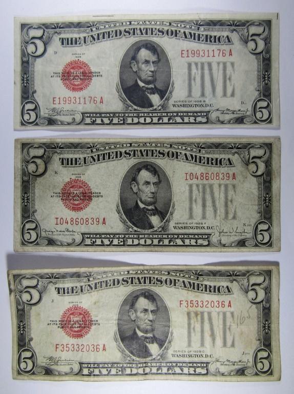 (3) 1928 $5 RED SEAL U.S. NOTES (1 of 2)