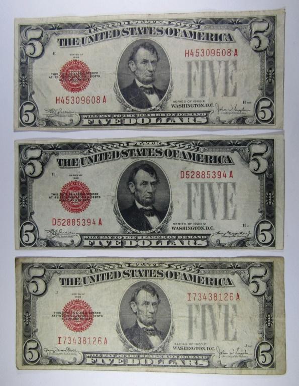 (3) 1928 $5 RED SEAL U.S. NOTES (1 of 2)