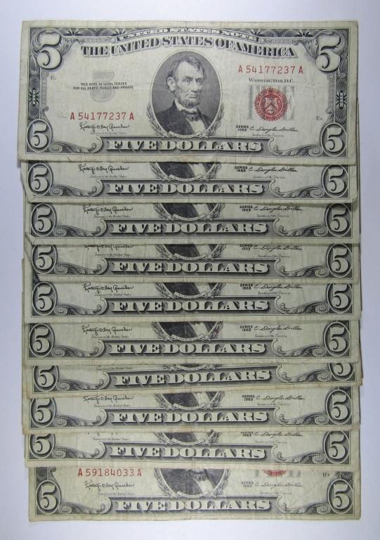 (10) 1963 $5 RED SEAL UNITED STATES NOTE (1 of 2)