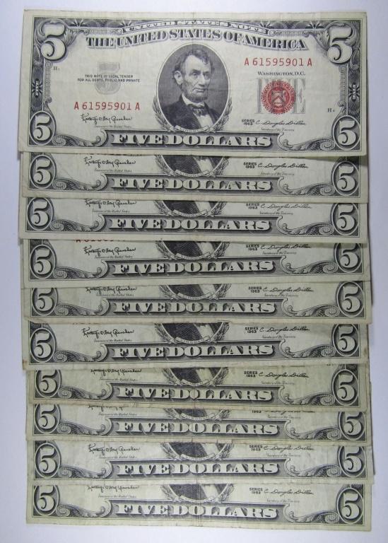 (10) 1963 $5 RED SEAL UNITED STATES NOTE (1 of 2)