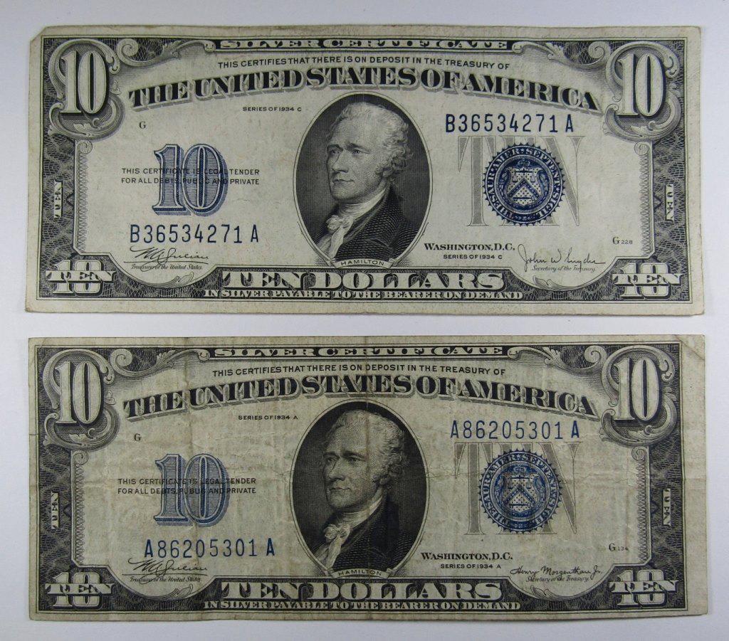 (2) 1934 $10 SILVER CERTIFICATES (1 of 2)
