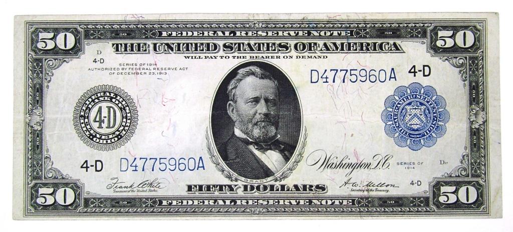 1914 $50 FEDERAL RESERVE NOTE: FIFTY DOLLAR - NICE CIRC