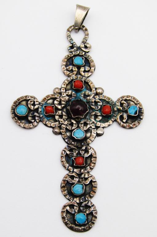 TC-153 MEXICO STERLING CROSS PENDANT WITH: MULTI COLORED STONES-MEASURES 2 INCHES WIDE AND 4 INCHES LONG-TOTAL 12 DWT