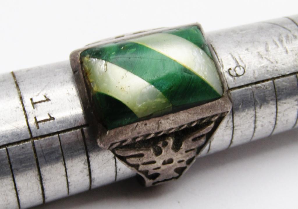 SOUTHWESTERN MEN'S RING WITH MALACHITE: AND MOTHER OF PEARL INLAY DESIGN-THUNDERBIRD DESIGN ON SIDE OF BAND-RING SIZE 10-TOTAL 10 DWT