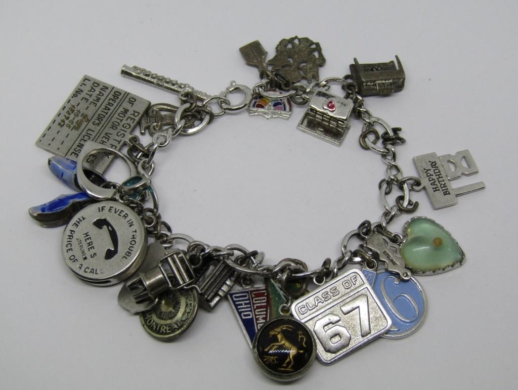 VINTAGE STERLING CHARM BRACELET LOADED WITH: CHARMS! TOTAL 35 DWT