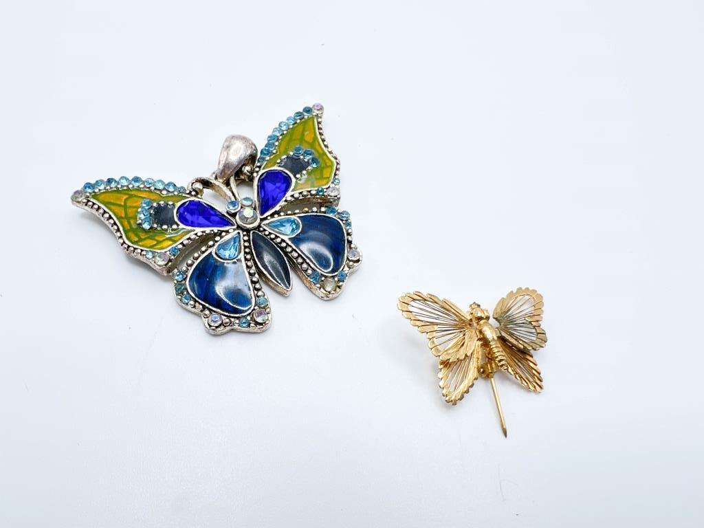 MONET SMALL GOLD TONE BUTTERFLY + OTHER: LARGE TWO TONE BLUES STONE BUTTERFLY