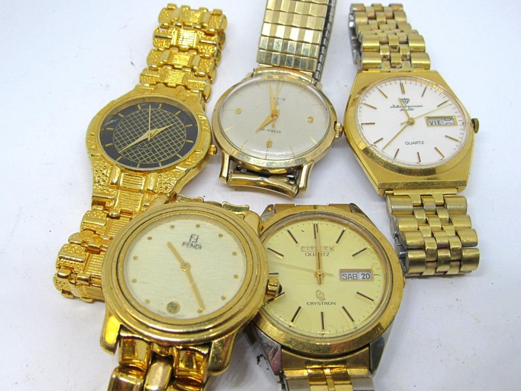 5 MEN'S GOLD-TONED WATCHES:: ELGIN, CITIZEN, FENDI, JULES JIRGENSEN. UNTESTED.
