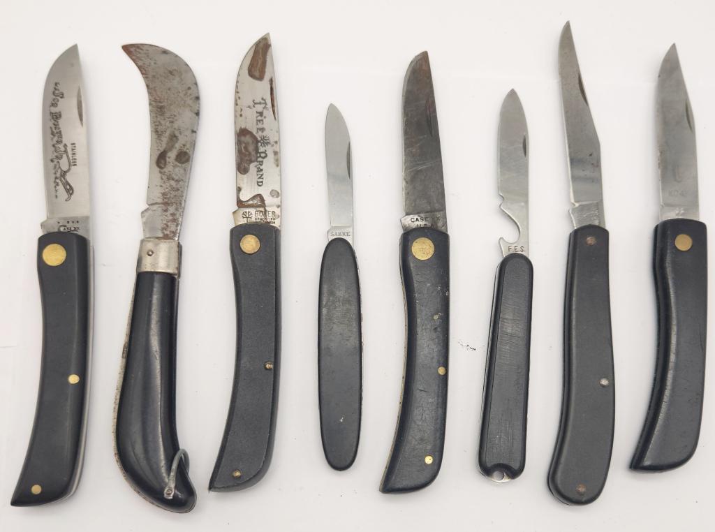 (8) SINGLE BLADE KNIFE LOT - (2) CASE, BOKER,: ROBT KLASS, SABRE 601, IMPERIAL, F.E.S., CURVED BLADE KNIFE - USED to LIGHTLY USED