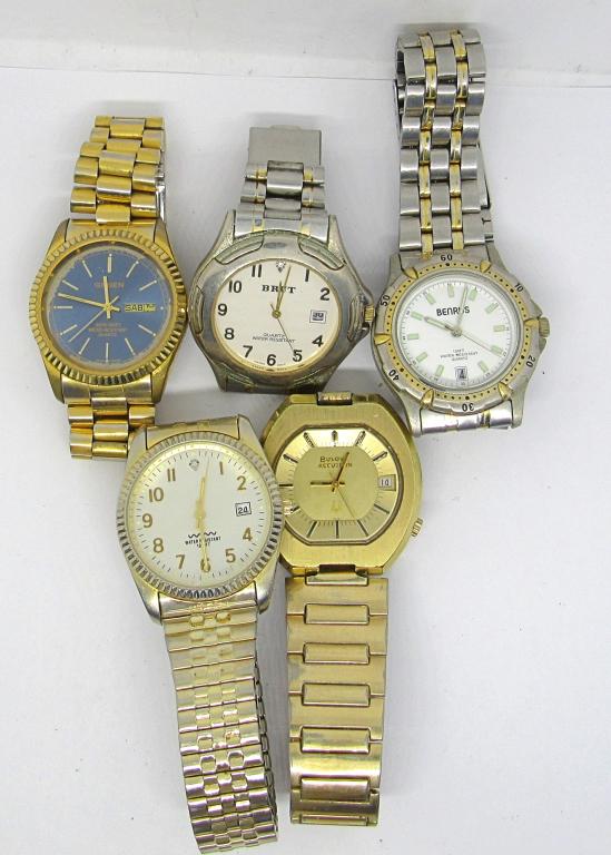 5 MEN'S DRESS WATCHES:: BENRUS, BRUT, GRUEN, BULOVA. UNTESTED.
