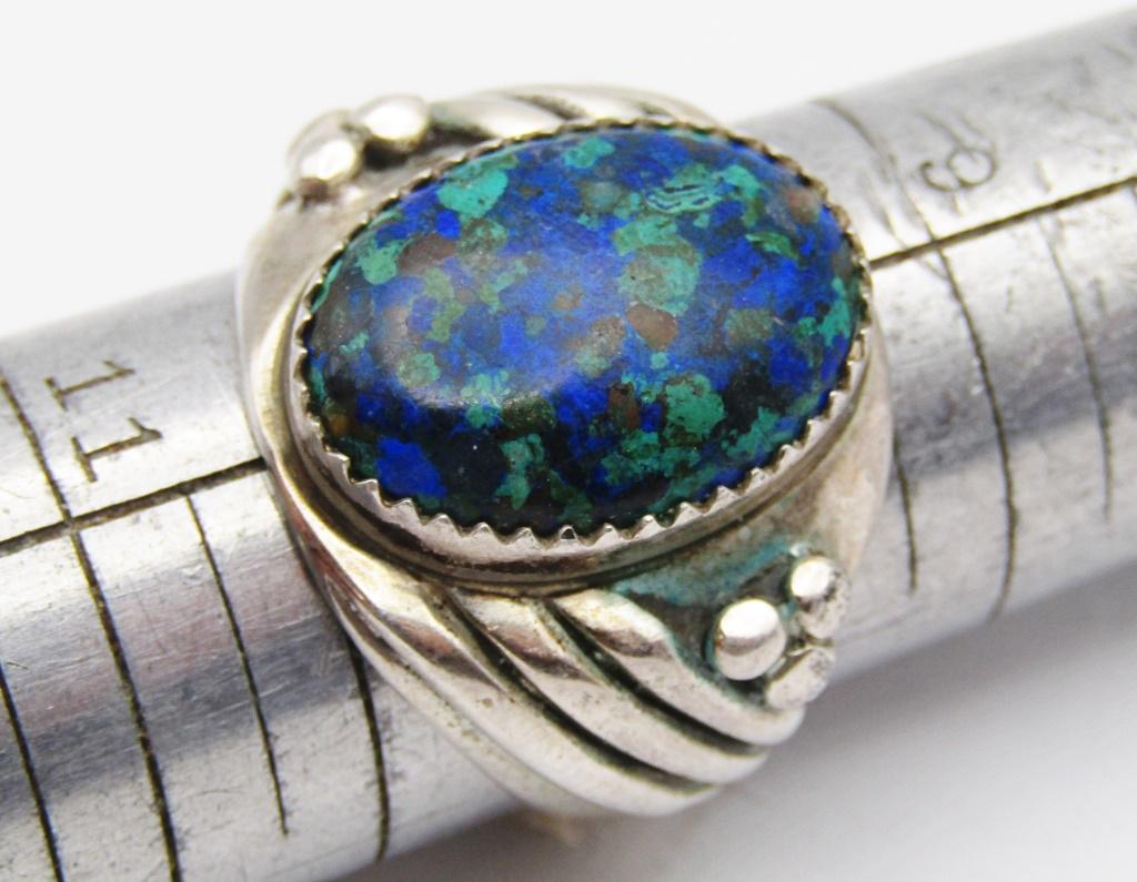 SOUTHWESTERN STERLING MEN'S RING WITH: AZURITE MALACHITE CENTER STONE-RING SIZE 10-TOTAL 10 DWT