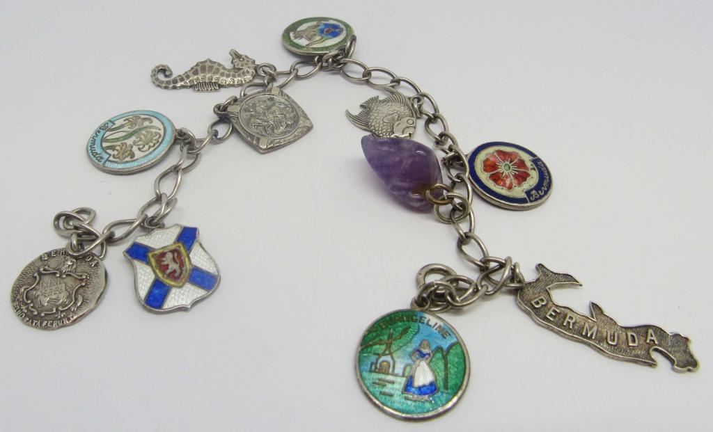 VITNAGE STERLING CHARM BRACELET WITH ENAMEL: SUVENIR CHARMS-TOTAL 15 DWT